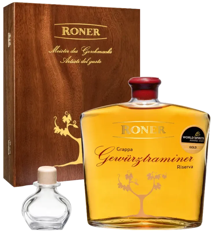 Bottiglia e scatola grappa Gewutztraminer Riserva Roner